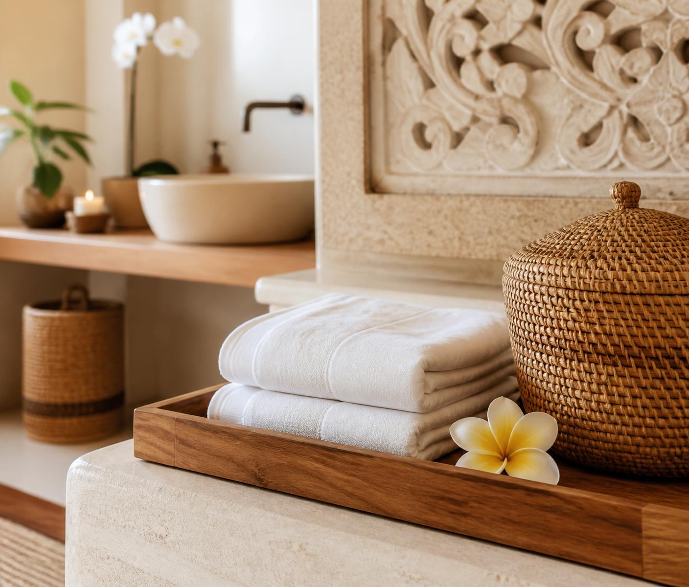 Folded white linen towels on a teak tray with frangipani and rattan basket