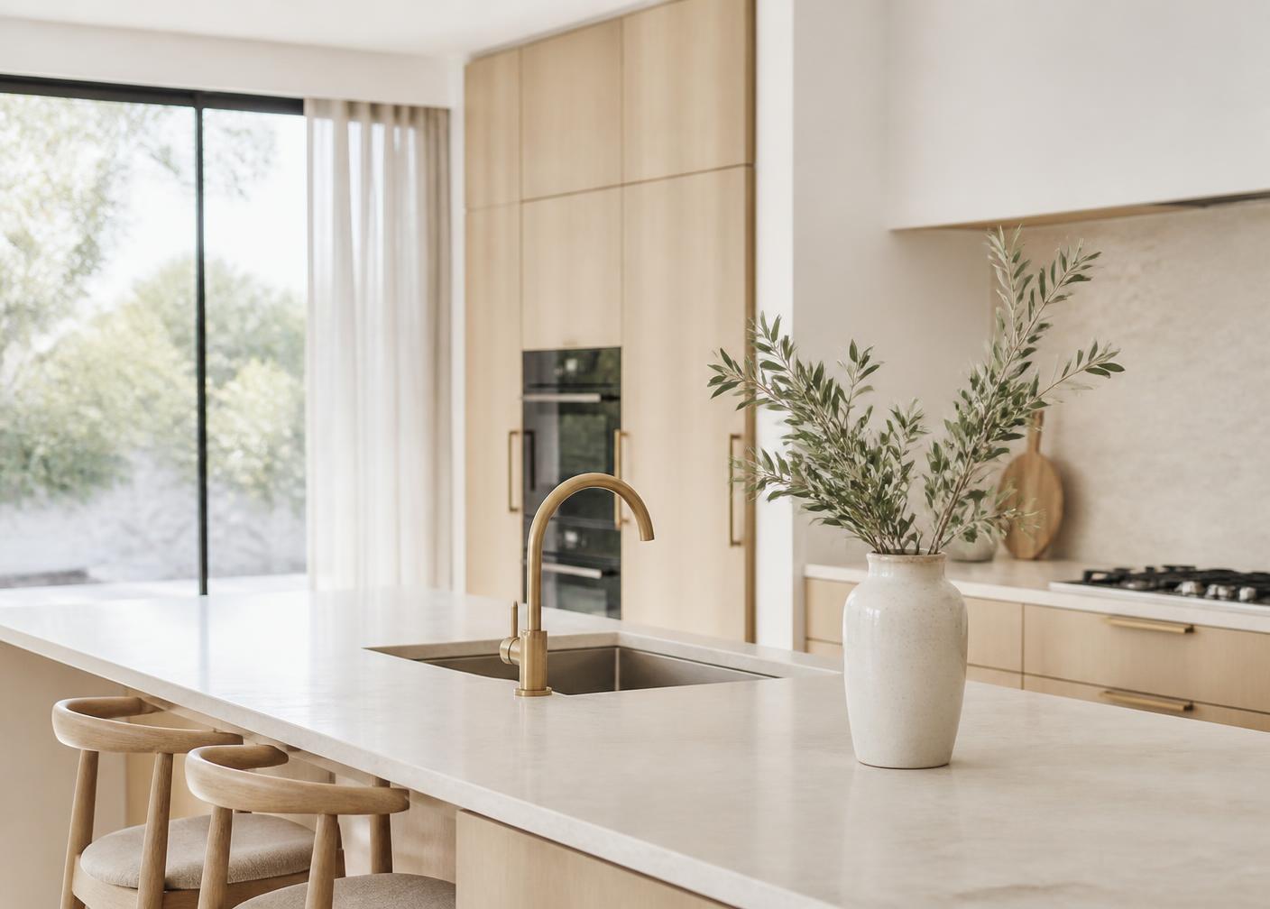 Immaculate modern Perth kitchen with light oak cabinetry and stone benchtop