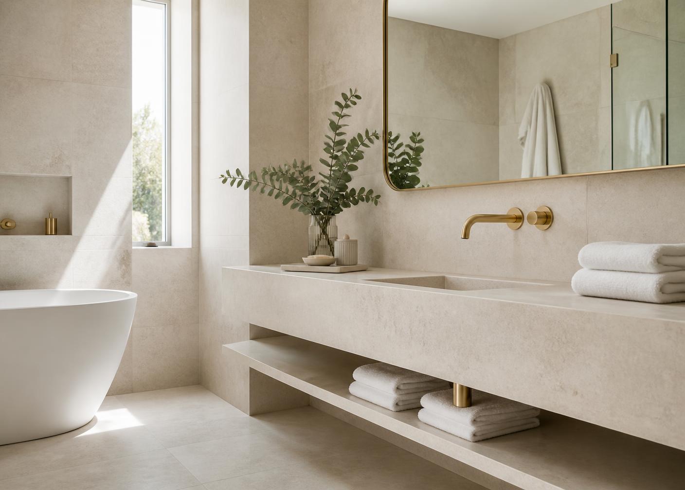 Pristine luxury bathroom with cream stone, gold tapware and folded white towels